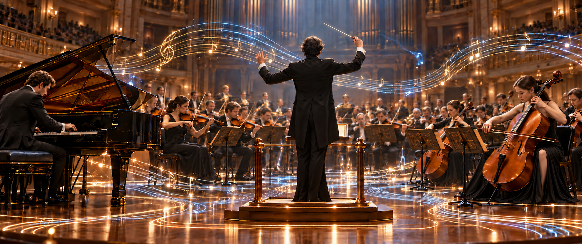 Orchestra di musicisti umani con direttore nella stessa sala da concerto